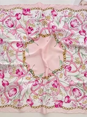 Pink Floral Silk-Feel Scarf with Gold Chain Motif
